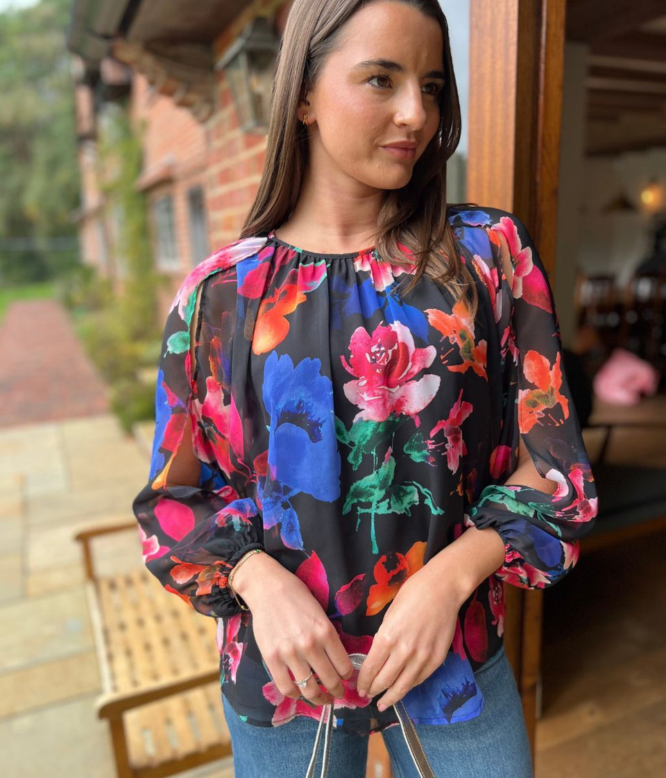 Black Floral Chiffon Layered Top