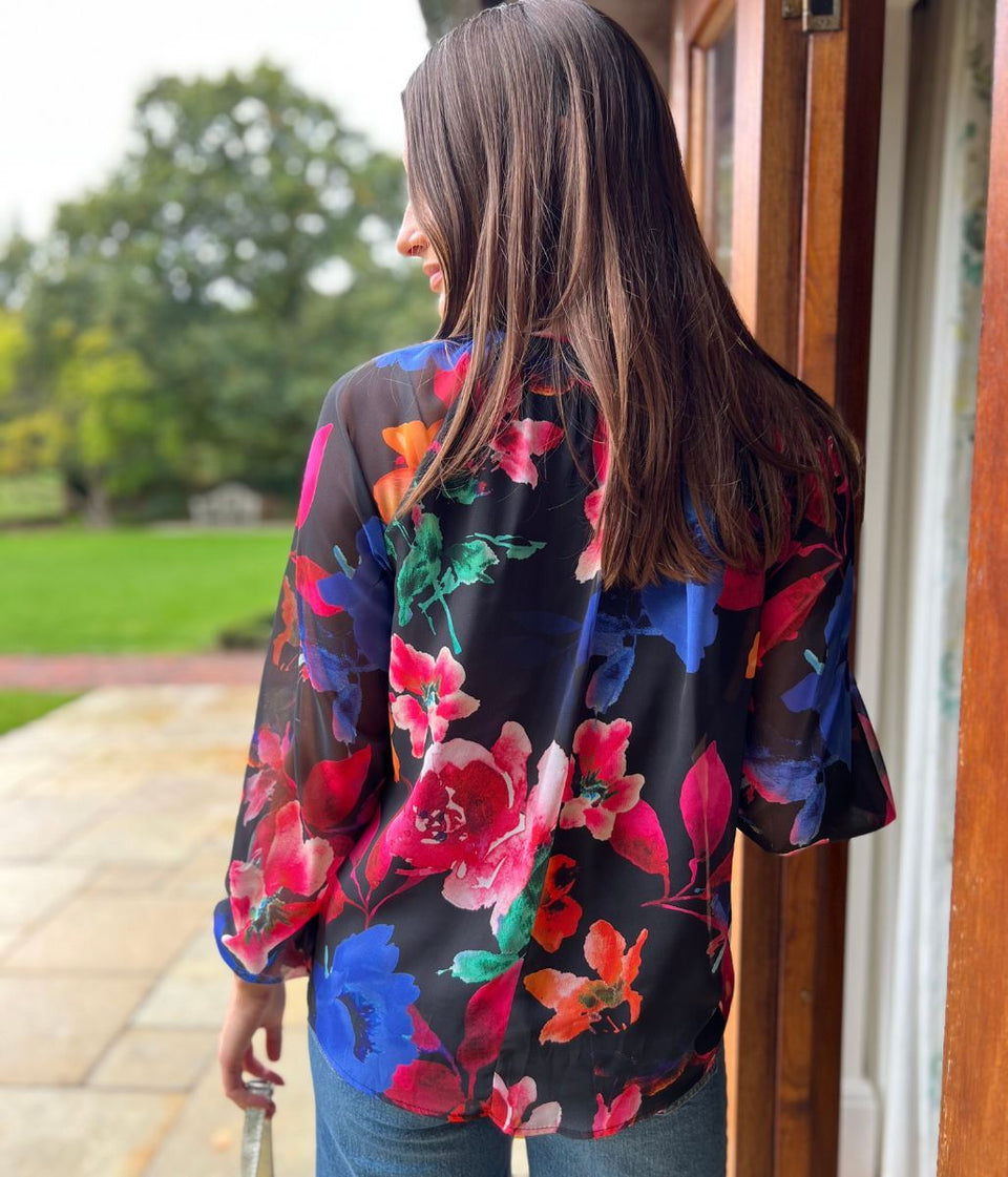 Black Floral Chiffon Layered Top