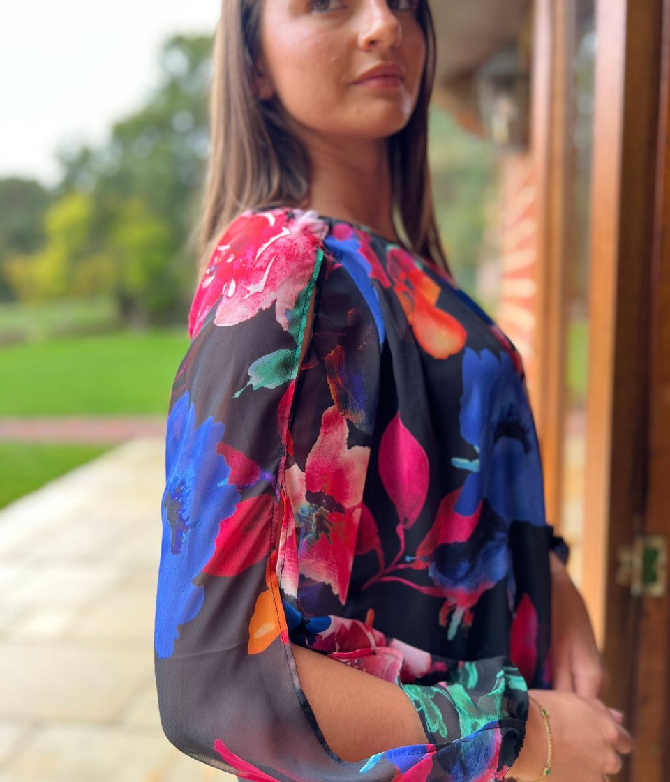 Black Floral Chiffon Layered Top