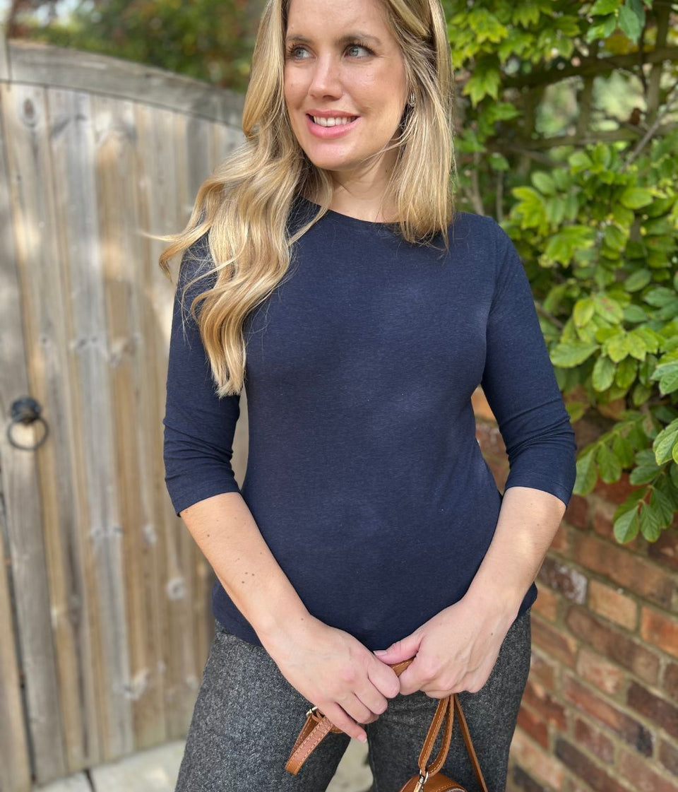 Ex Seasalt Navy Cotton Rich 3/4 Sleeve Top
