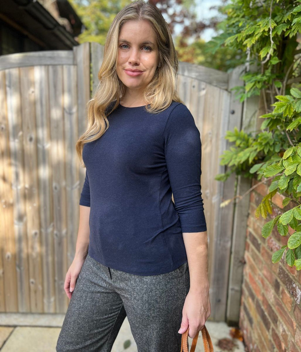 Ex Seasalt Navy Cotton Rich 3/4 Sleeve Top