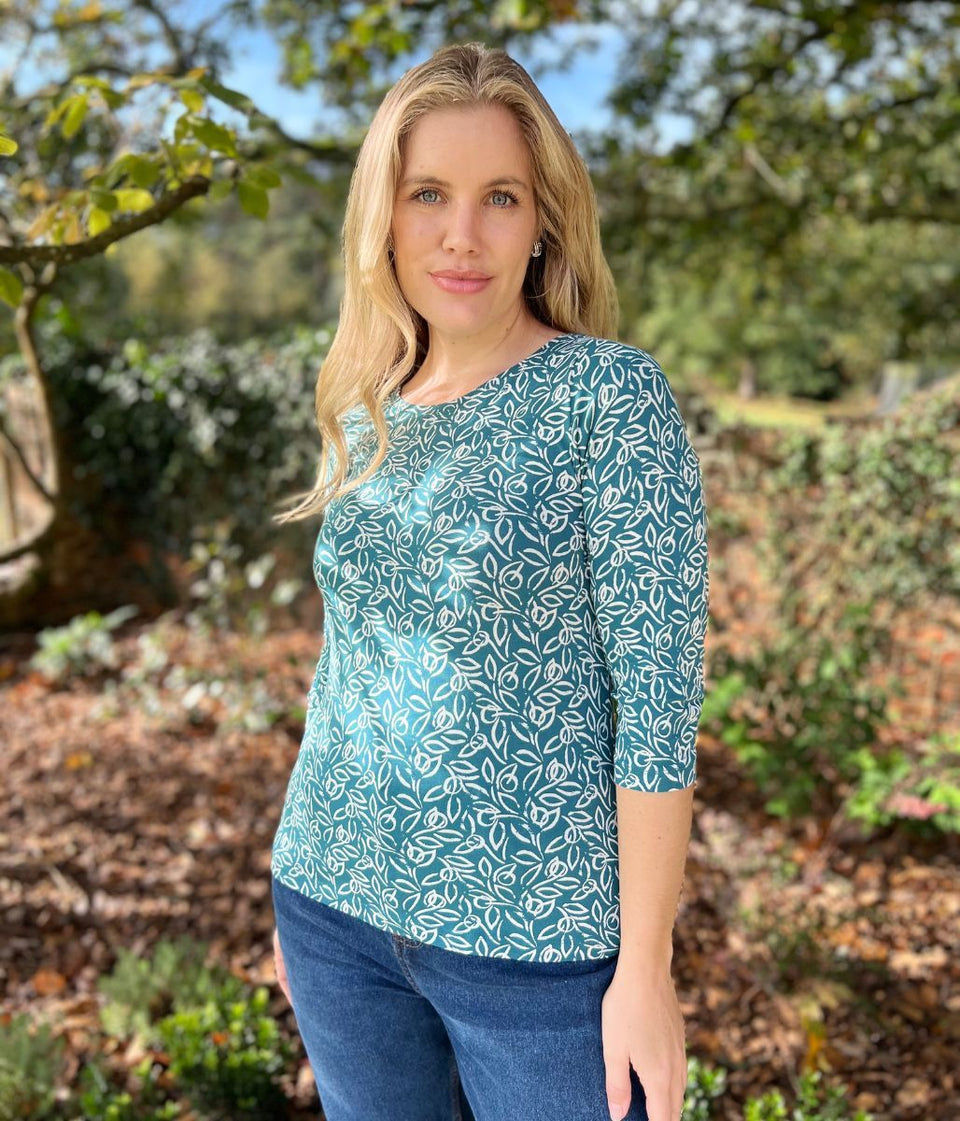 Ex Seasalt Teal Floral Script 3/4 Sleeve Top