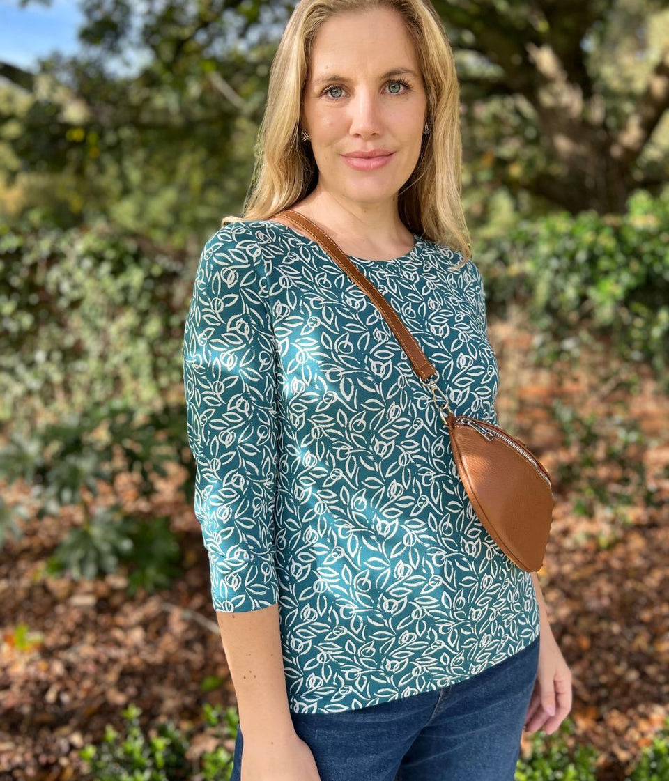 Ex Seasalt Teal Floral Script 3/4 Sleeve Top