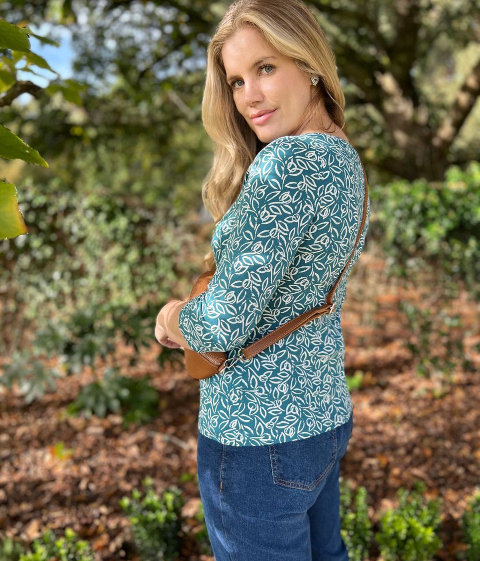 Ex Seasalt Teal Floral Script 3/4 Sleeve Top