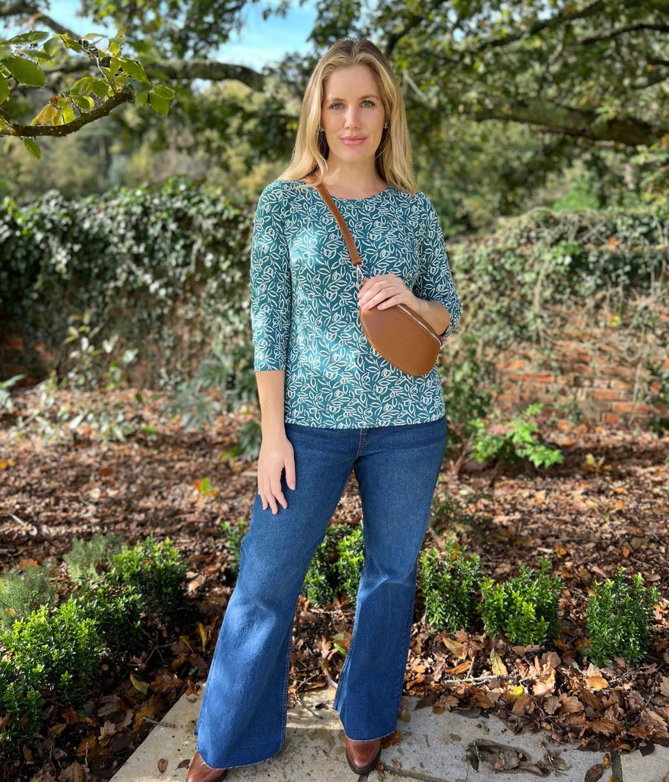 Ex Seasalt Teal Floral Script 3/4 Sleeve Top