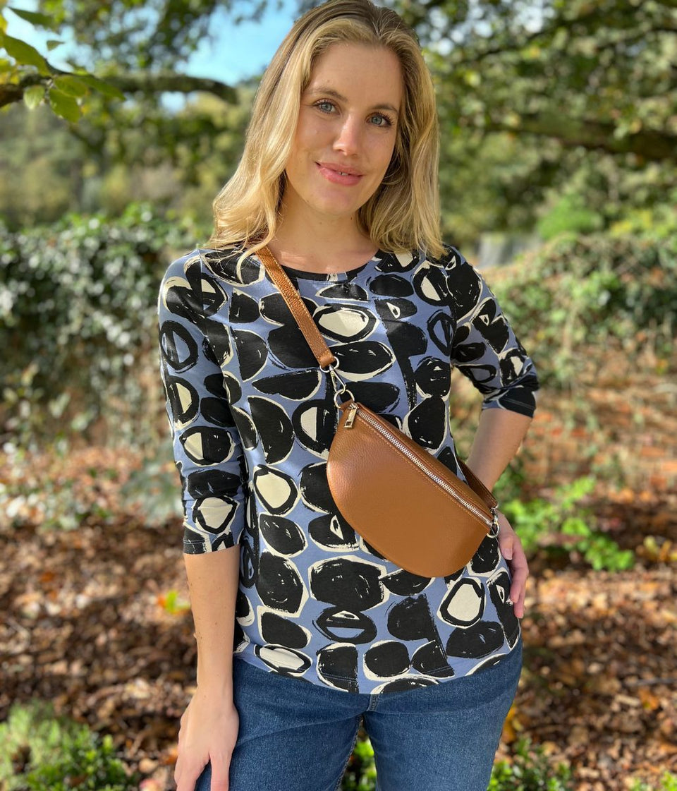 Ex Seasalt Blue Abstract Circle Print 3/4 Sleeve Top