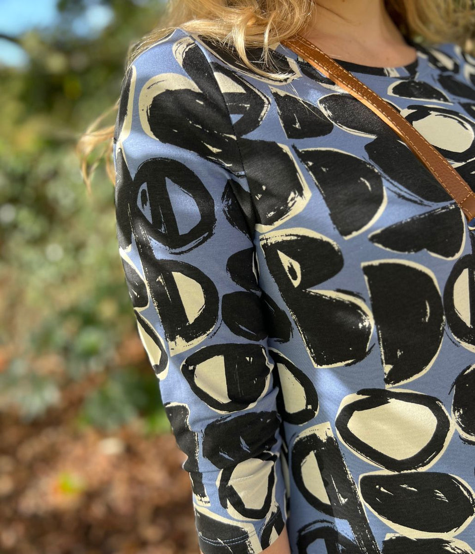 Ex Seasalt Blue Abstract Circle Print 3/4 Sleeve Top