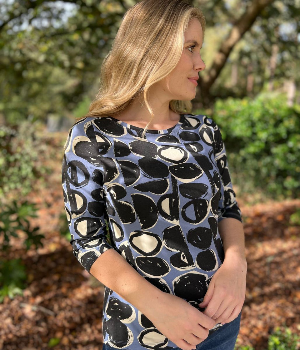 Ex Seasalt Blue Abstract Circle Print 3/4 Sleeve Top