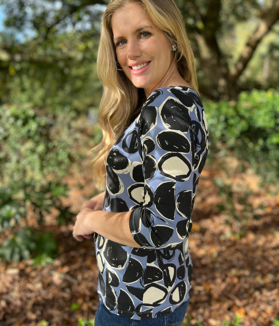 Ex Seasalt Blue Abstract Circle Print 3/4 Sleeve Top