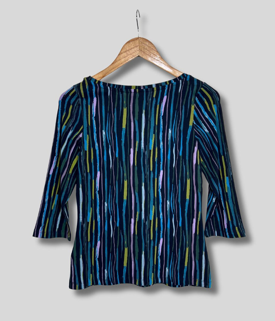 Ex Seasalt Navy Striped Print 3/4 Sleeve Top