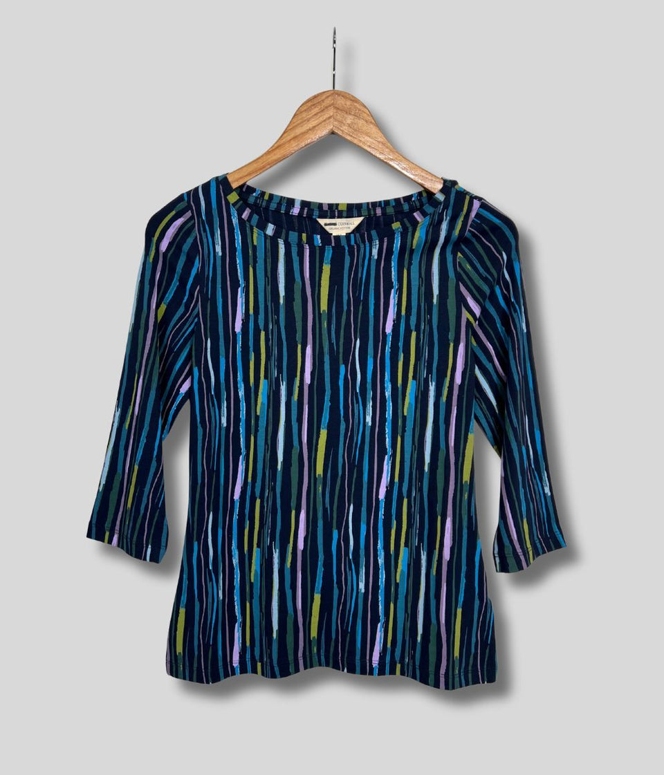 Ex Seasalt Navy Striped Print 3/4 Sleeve Top