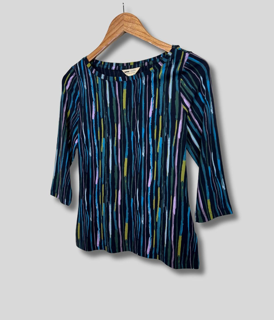 Ex Seasalt Navy Striped Print 3/4 Sleeve Top