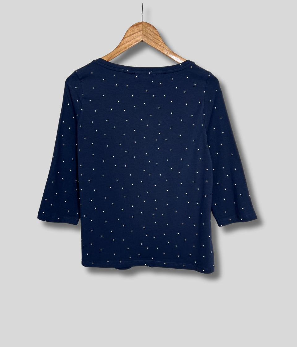 Ex Seasalt Navy Dotted Print 3/4 Sleeve Top