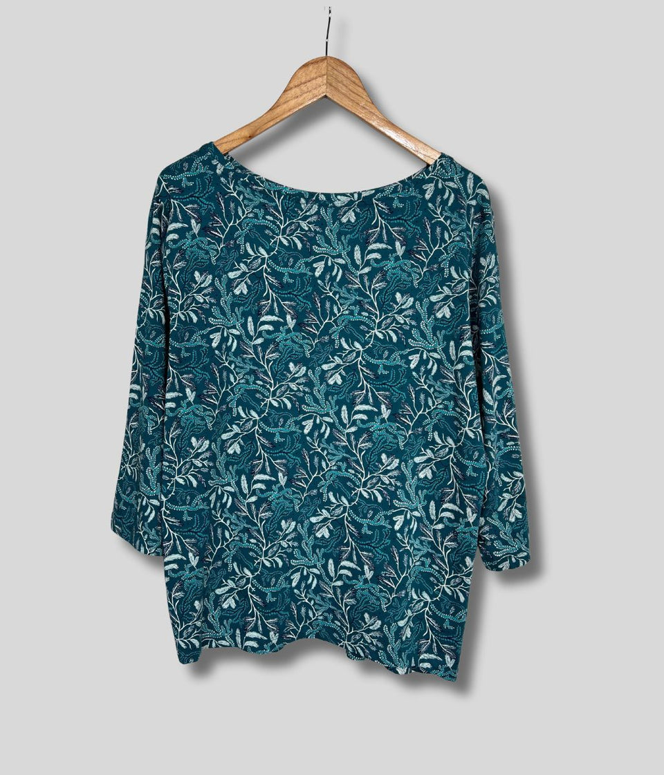 Ex Seasalt Teal Leaf Print 3/4 Sleeve Top