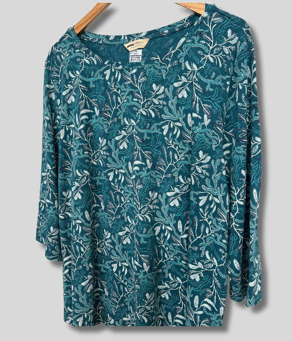 Ex Seasalt Teal Leaf Print 3/4 Sleeve Top
