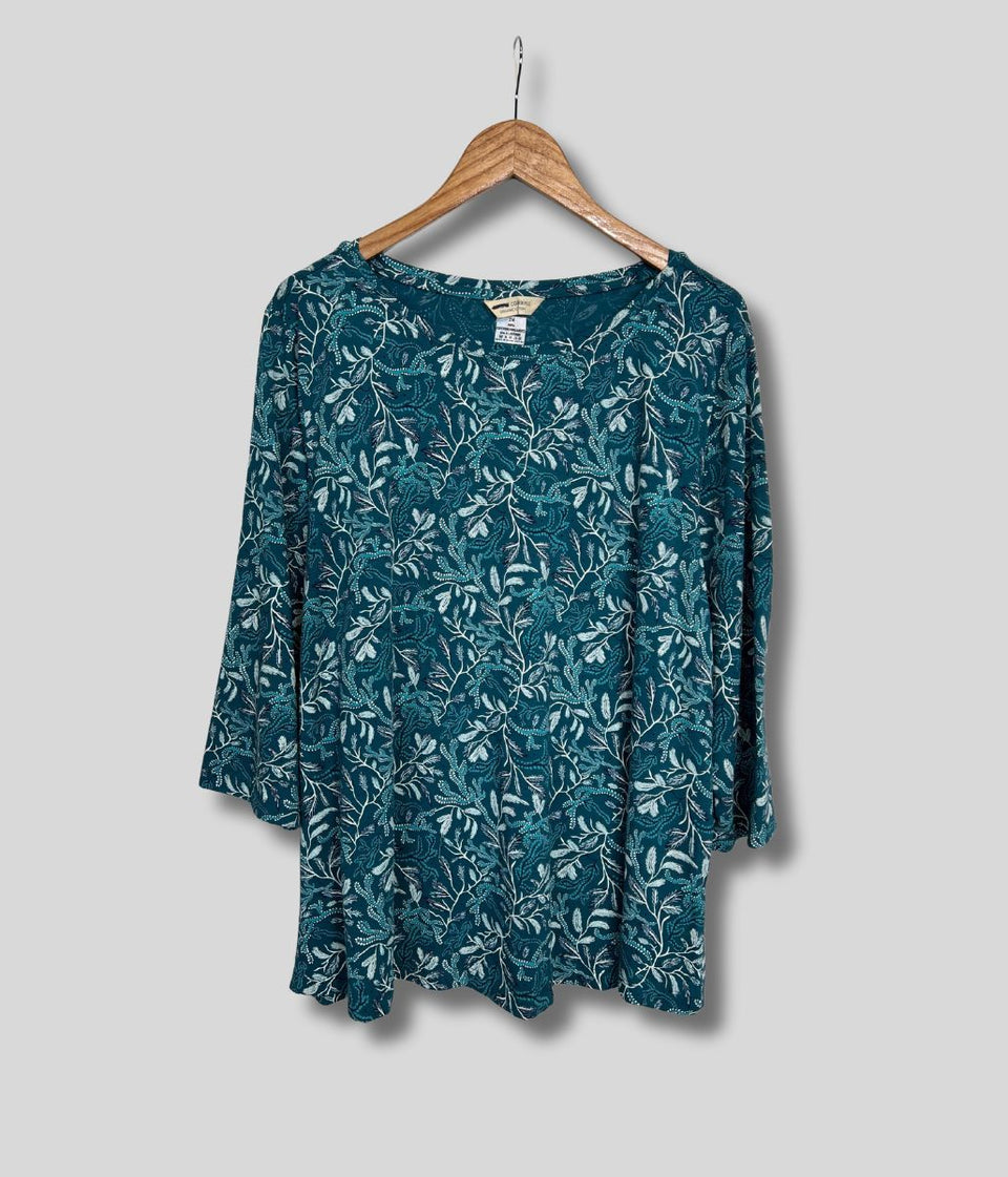 Ex Seasalt Teal Leaf Print 3/4 Sleeve Top
