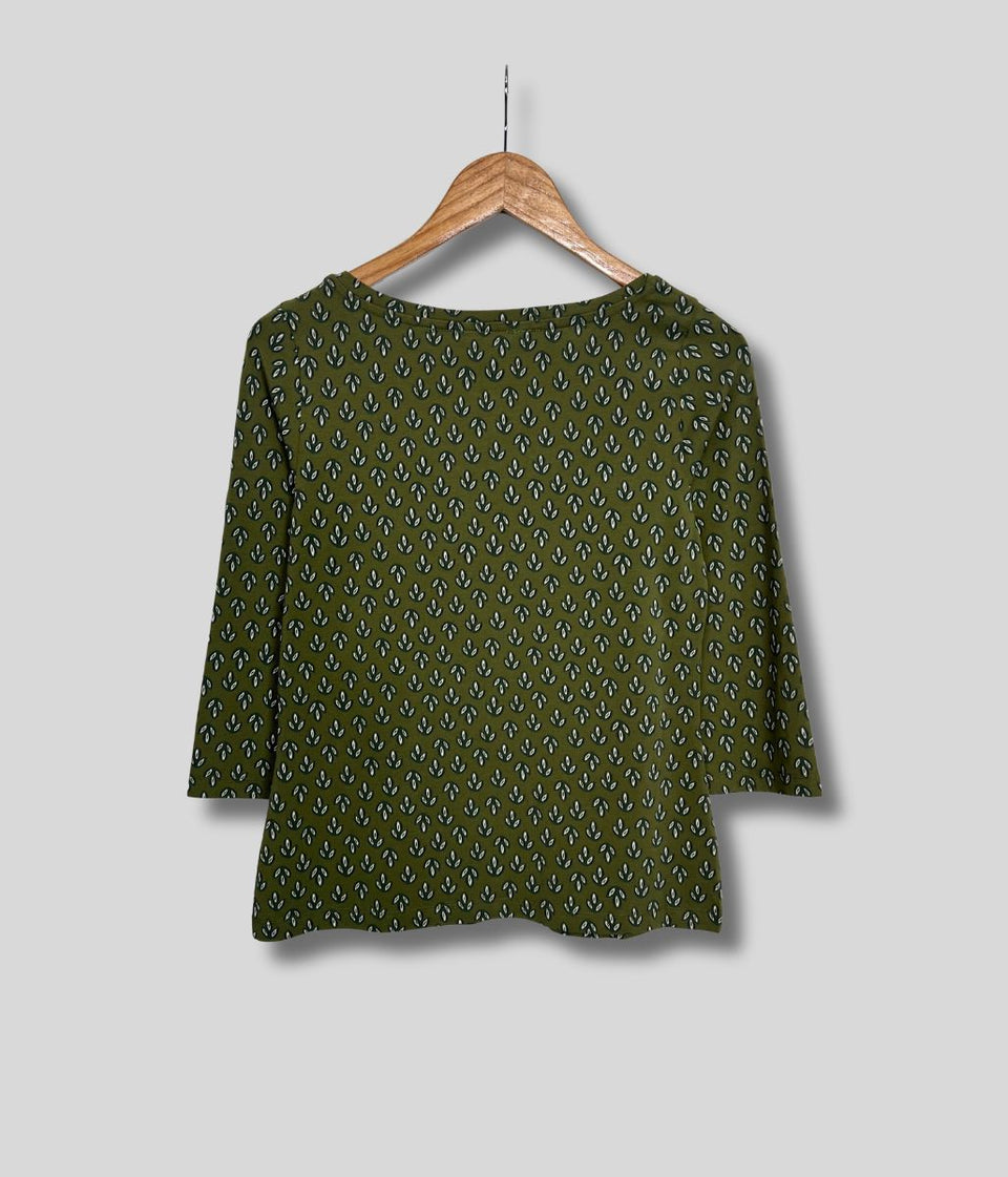 Ex Seasalt Khaki Leaf Print 3/4 Sleeve Top