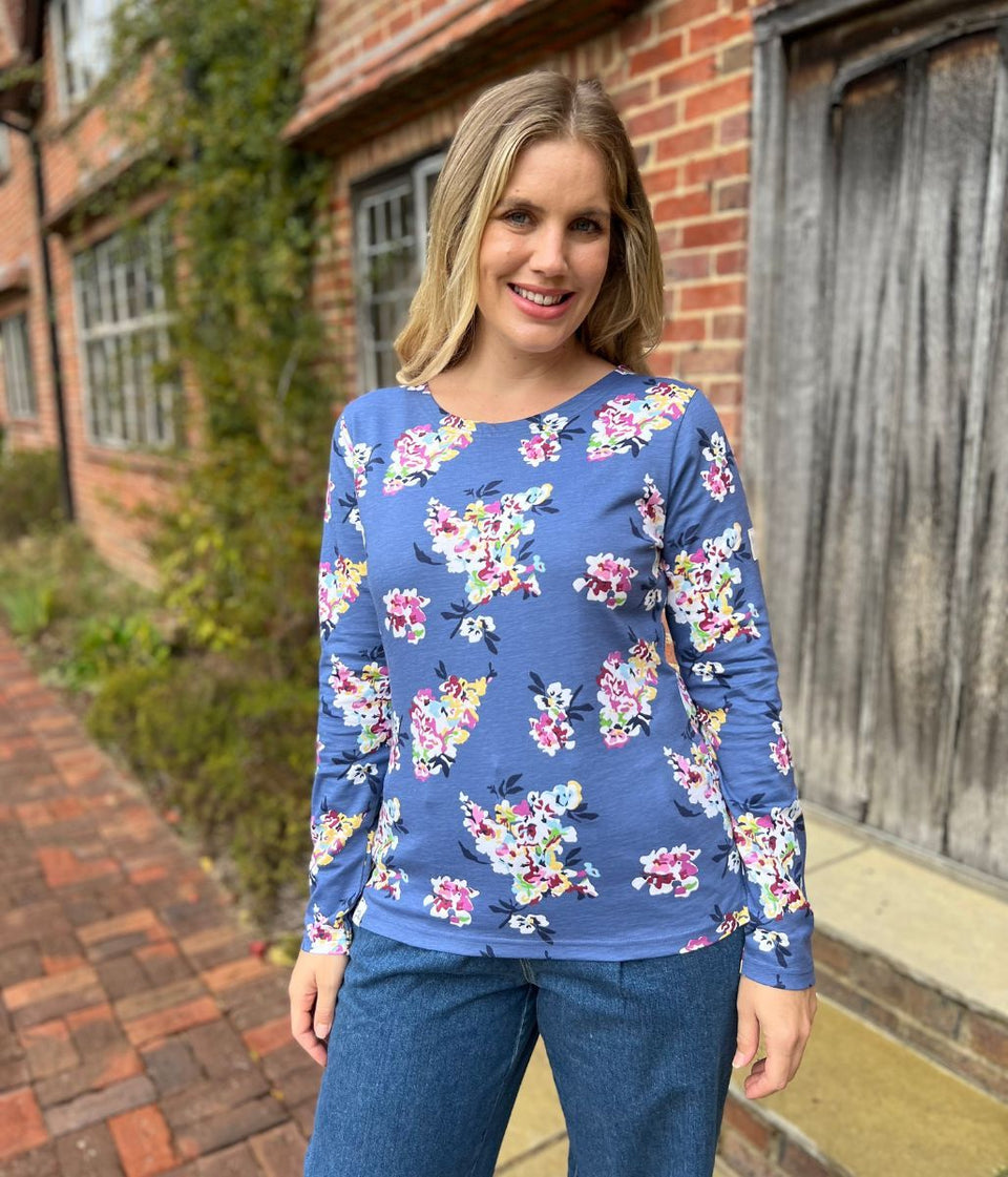 Lazy Jacks Blue Wildflower Printed Breton Top