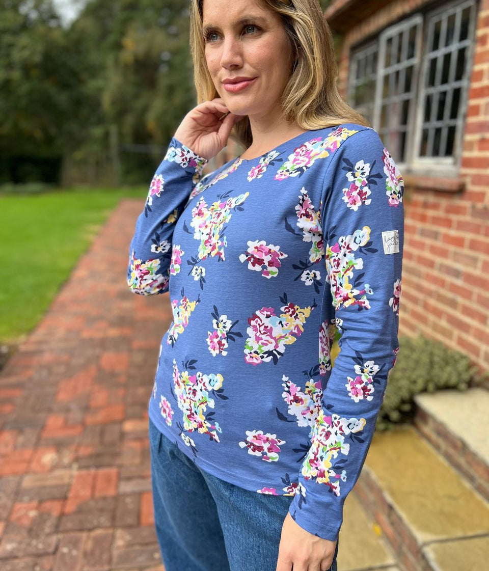 Lazy Jacks Blue Wildflower Printed Breton Top