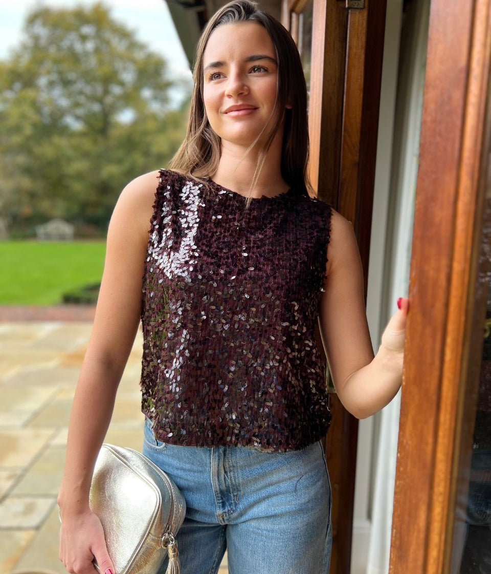 Zarina Deep Burgundy Sequin Top