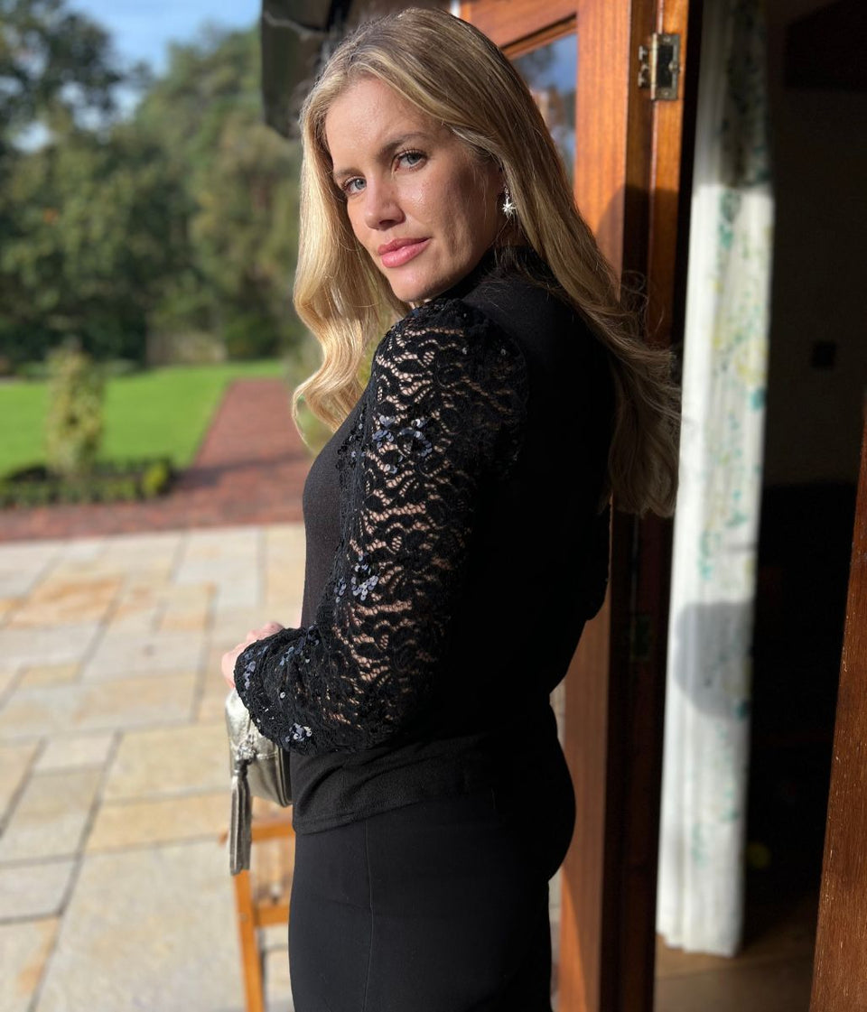 Black Sequin Sleeve Detail Top