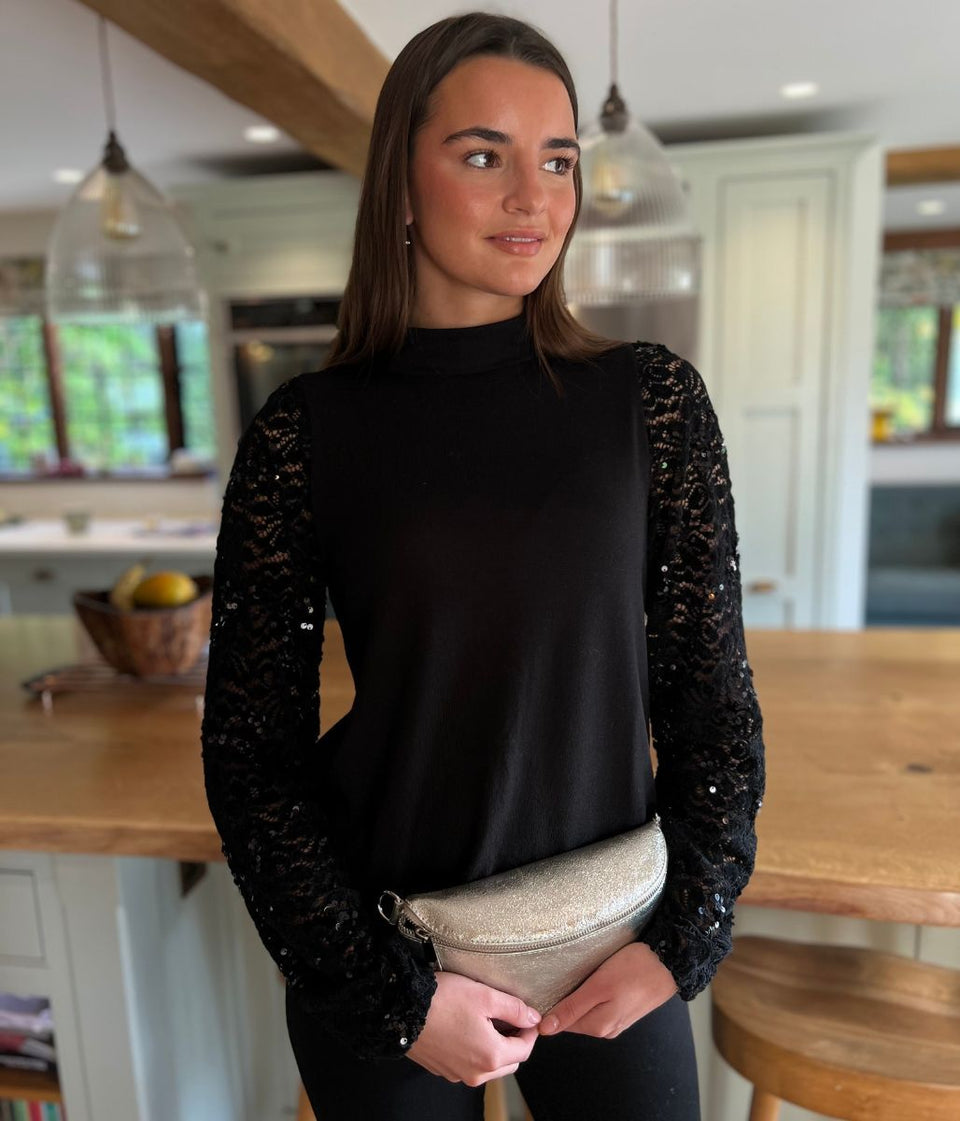 Black Sequin Sleeve Detail Top