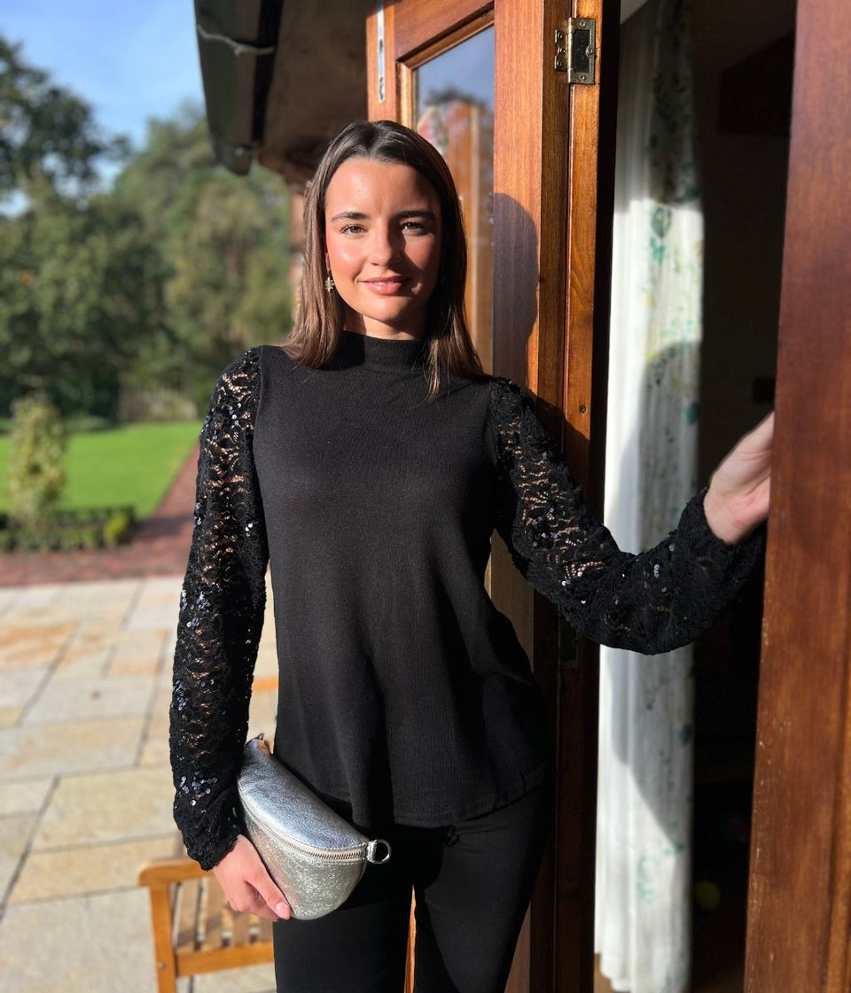 Black Sequin Sleeve Detail Top