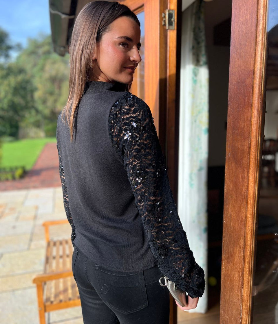 Black Sequin Sleeve Detail Top