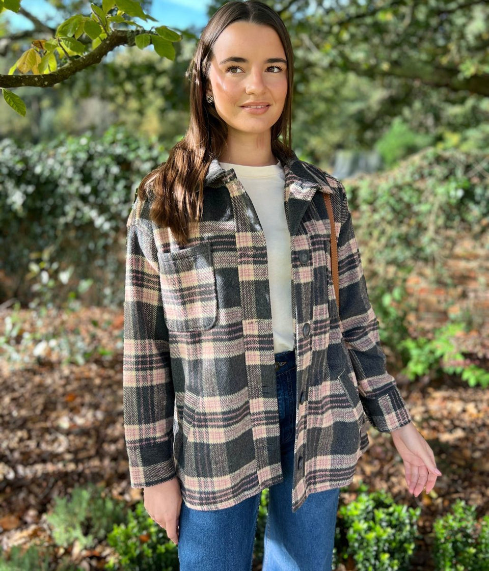 Brave Soul Grey & Pink Checked Shacket