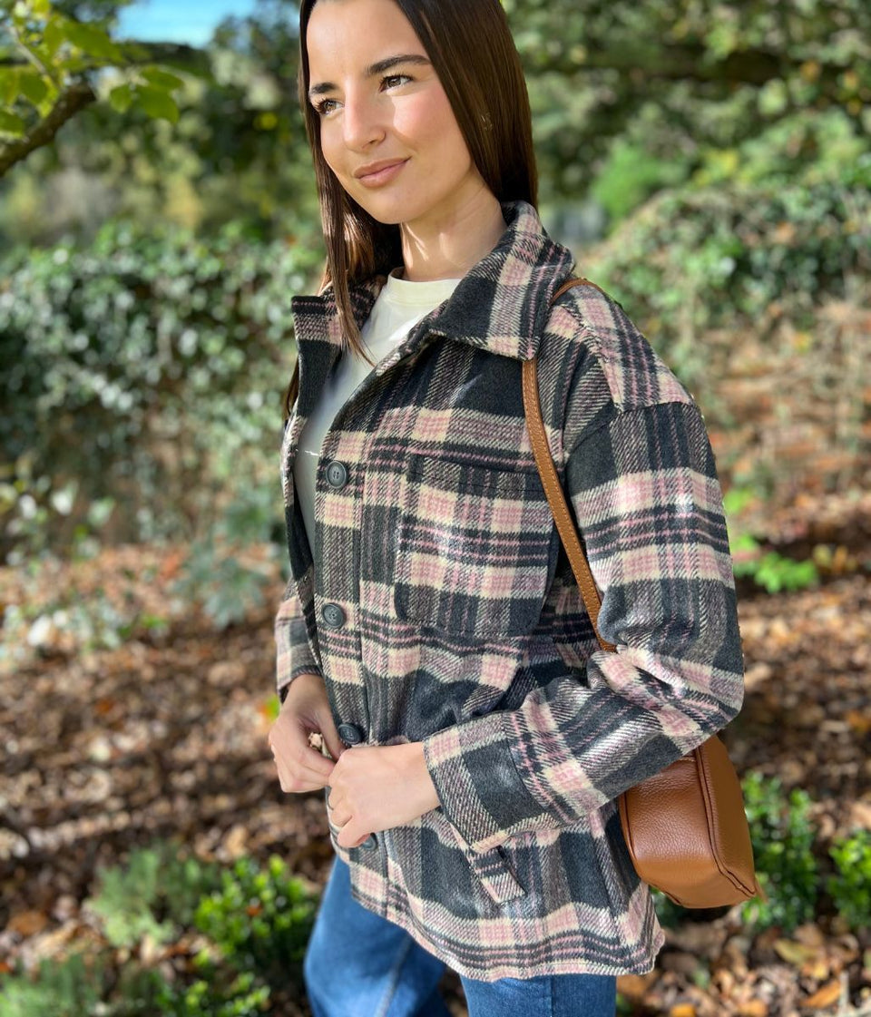 Brave Soul Grey & Pink Checked Shacket