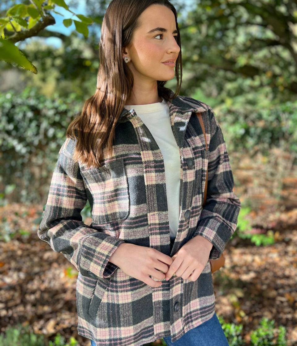 Brave Soul Grey & Pink Checked Shacket