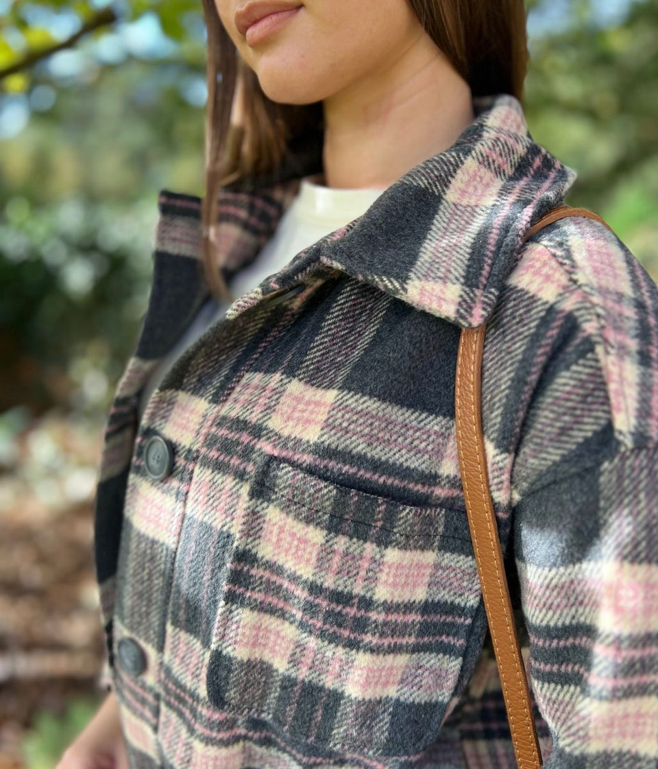 Brave Soul Grey & Pink Checked Shacket