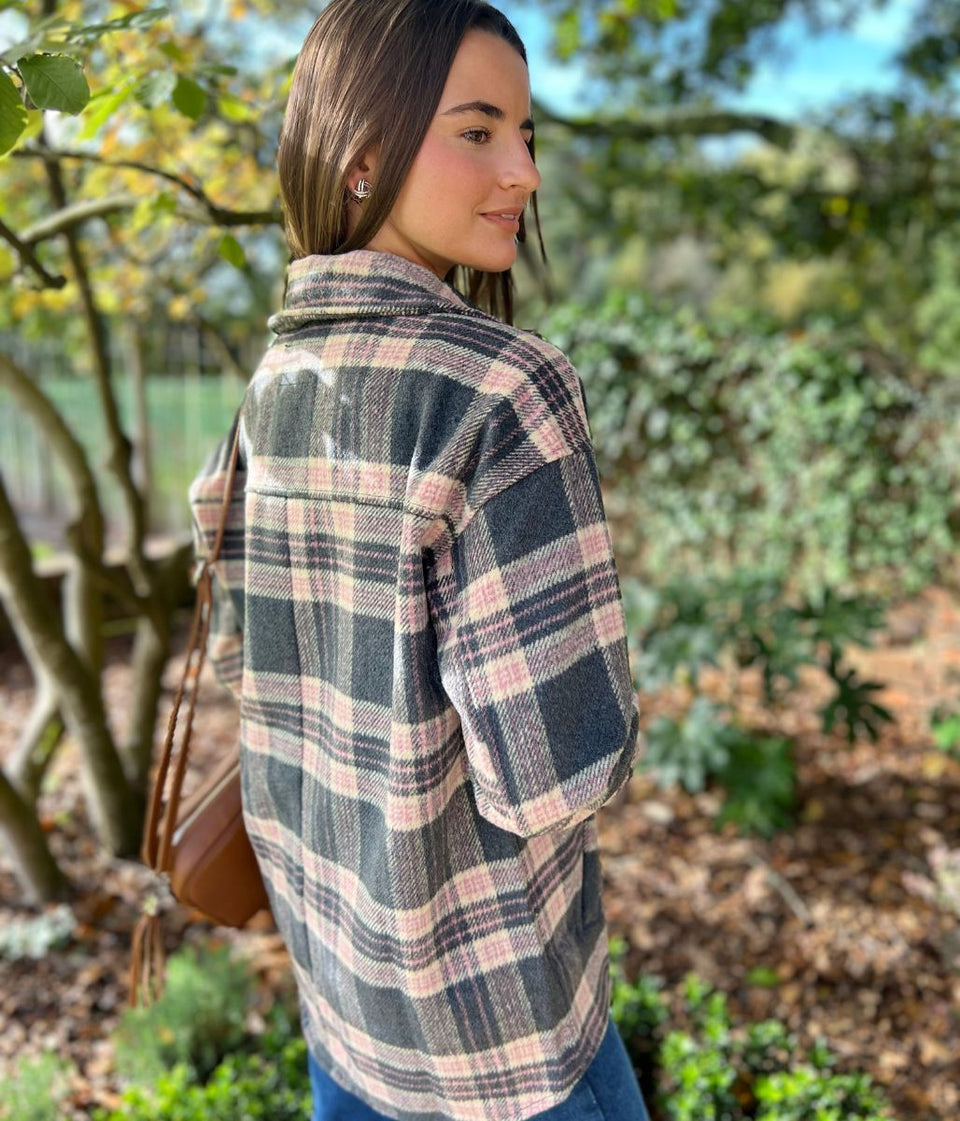 Brave Soul Grey & Pink Checked Shacket