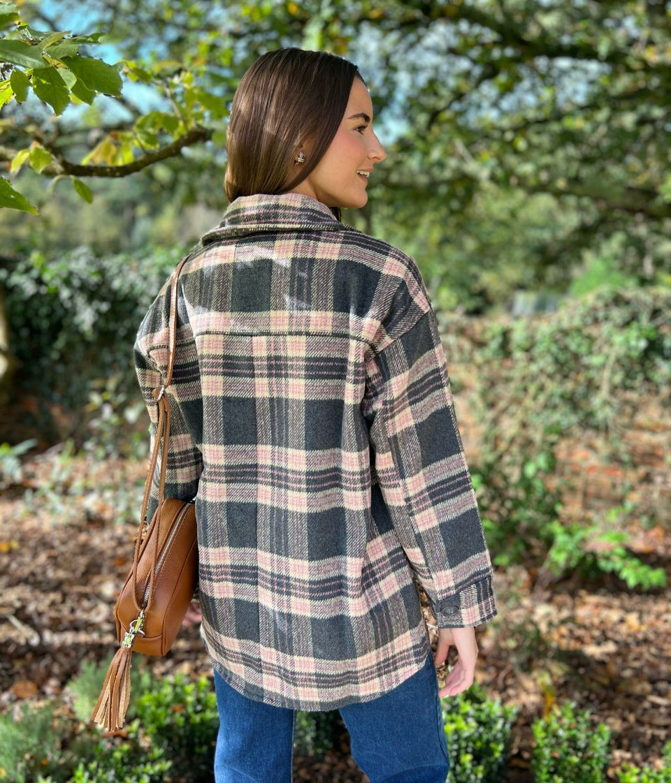 Brave Soul Grey & Pink Checked Shacket