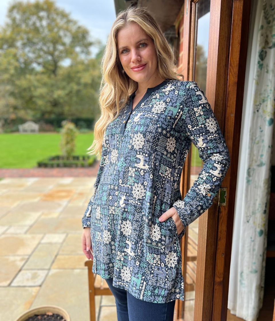 Navy Festive Print Tunic Top