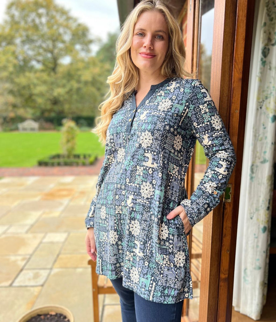 Navy Festive Print Tunic Top