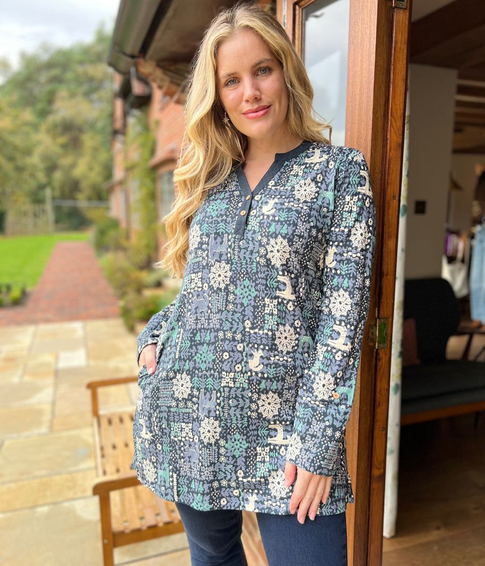 Navy Festive Print Tunic Top