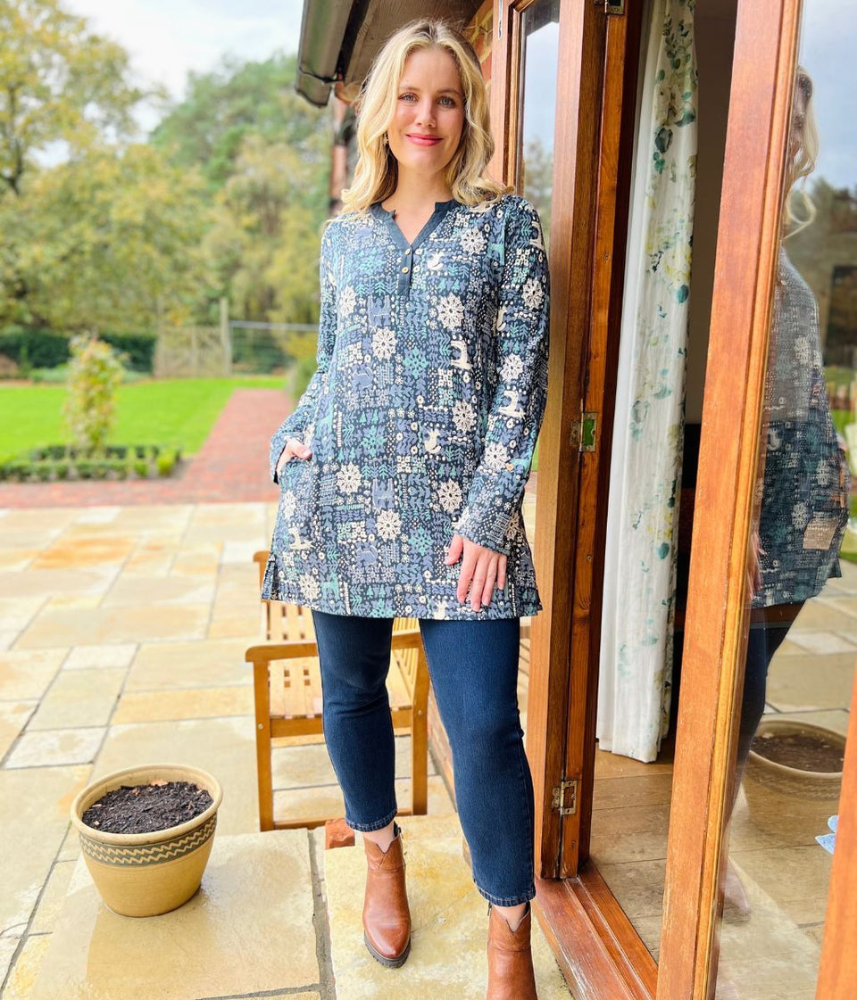 Navy Festive Print Tunic Top