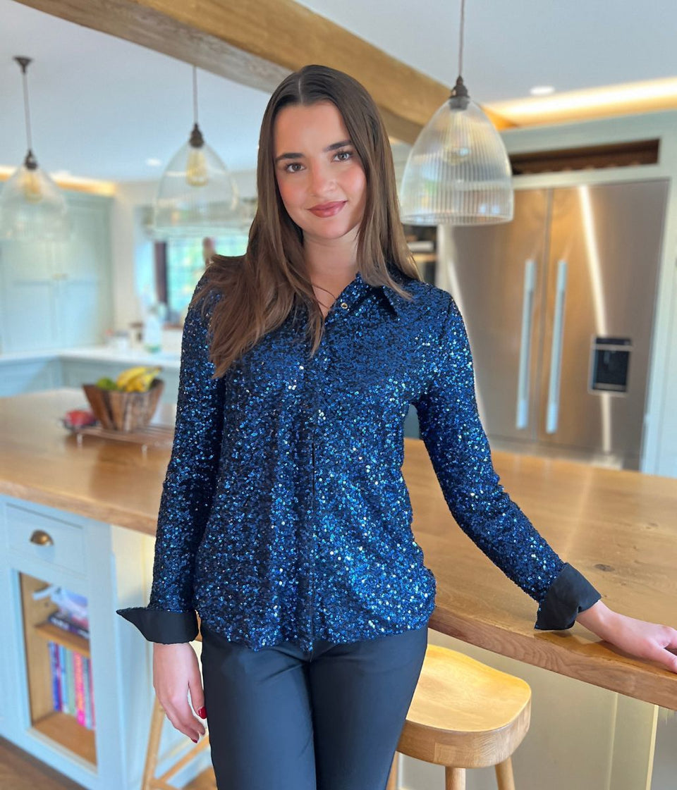 Navy Stretch Sequin Long Sleeve Shirt