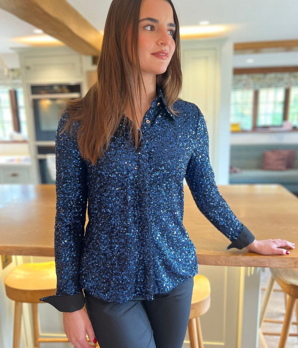 Navy Stretch Sequin Long Sleeve Shirt