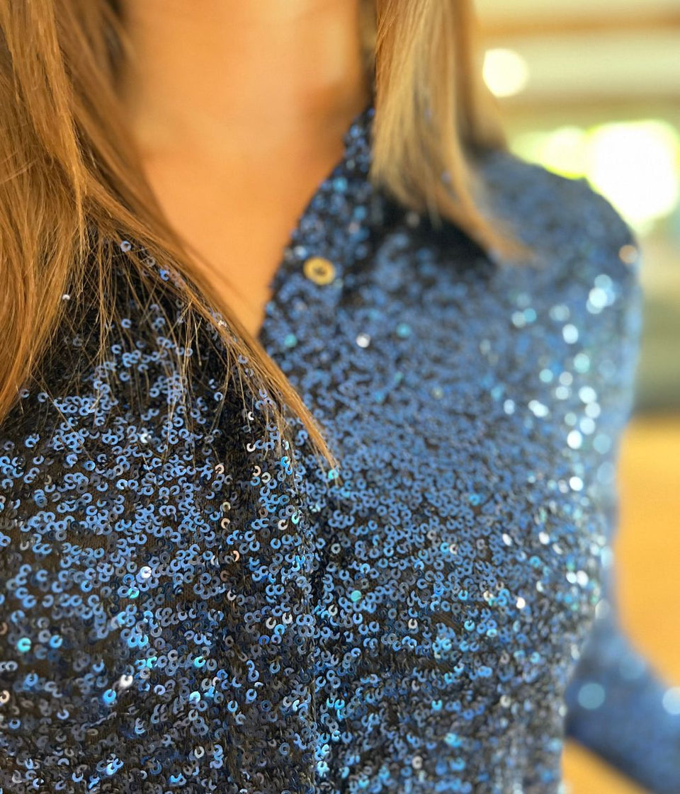 Navy Stretch Sequin Long Sleeve Shirt