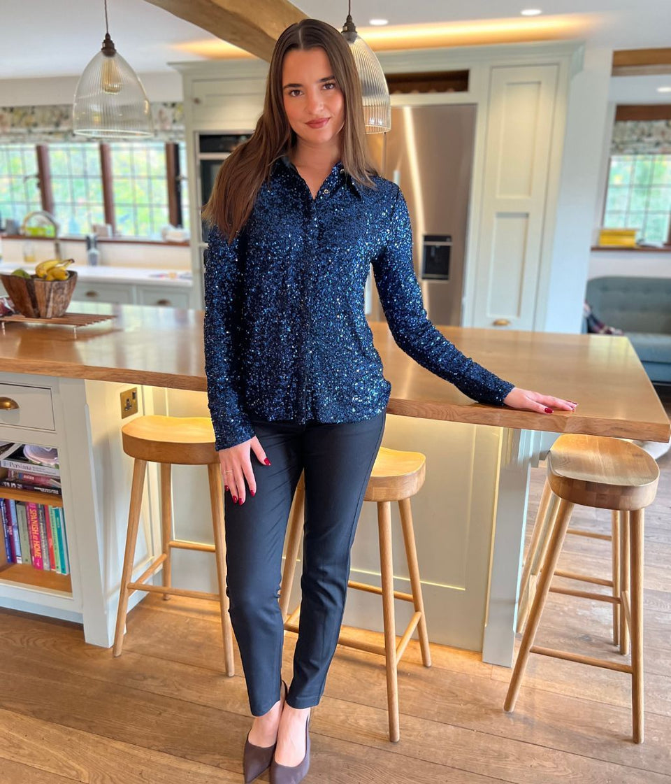 Navy Stretch Sequin Long Sleeve Shirt