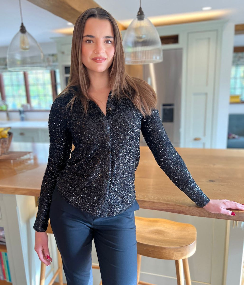Black Stretch Sequin Long Sleeve Shirt
