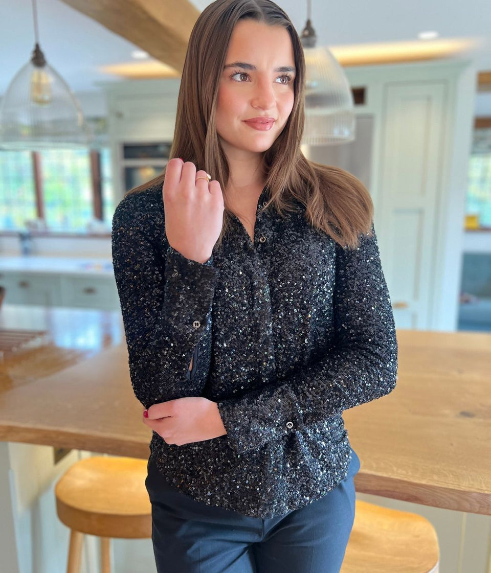 Black Stretch Sequin Long Sleeve Shirt
