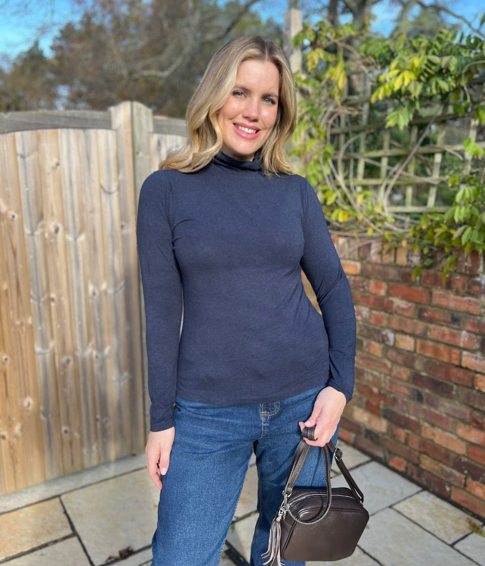 Ex Seasalt Navy Landing Plain Roll Neck Top
