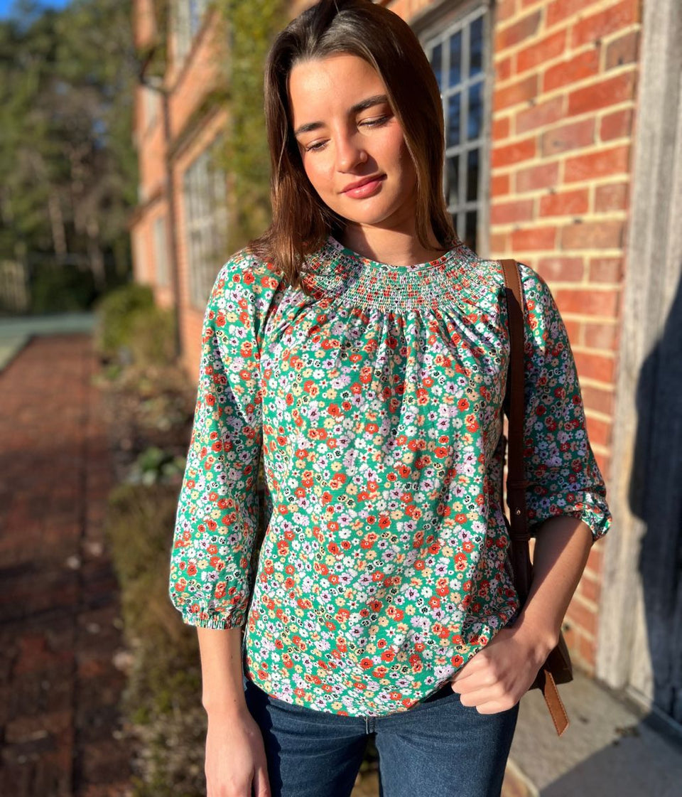 Green Ditsy Print Smocked Neck Top