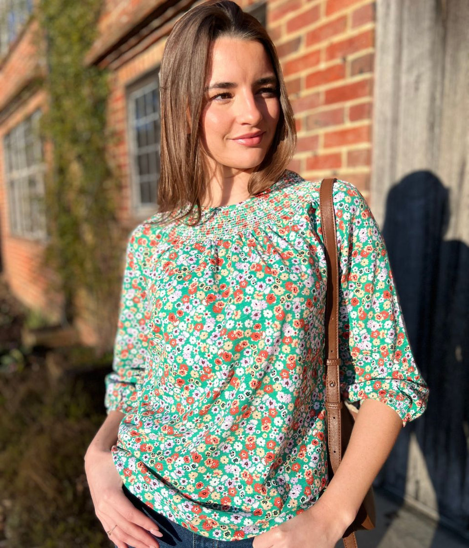 Green Ditsy Print Smocked Neck Top