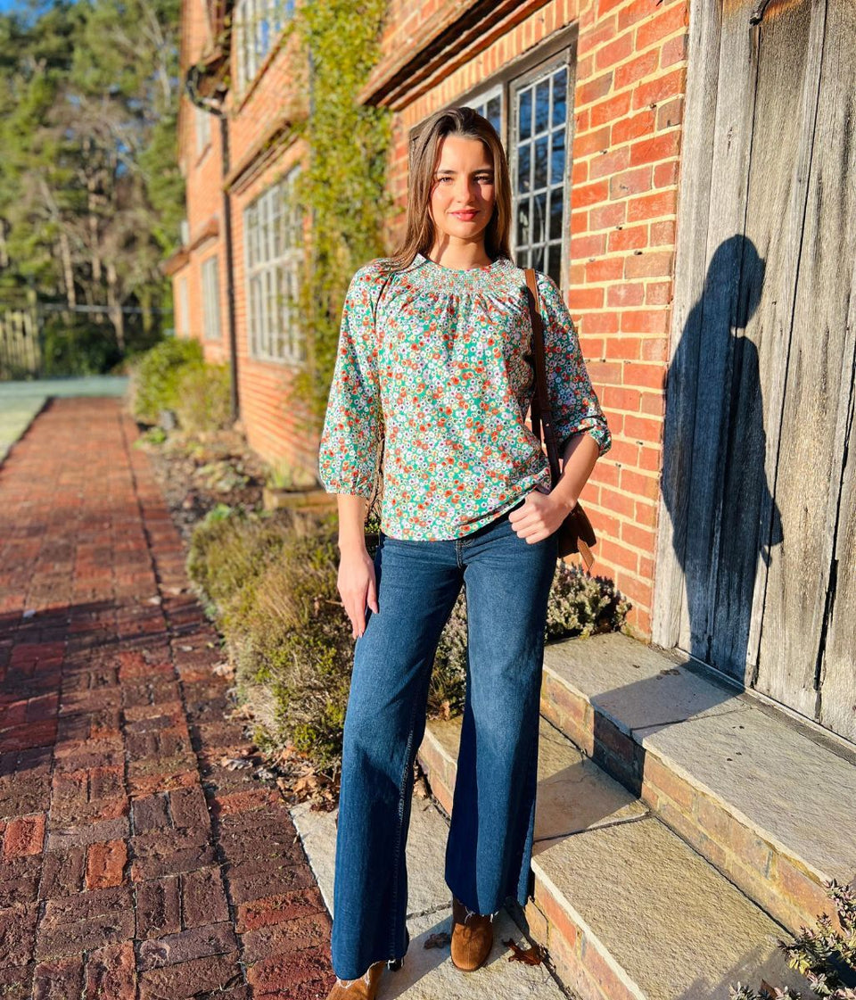 Green Ditsy Print Smocked Neck Top