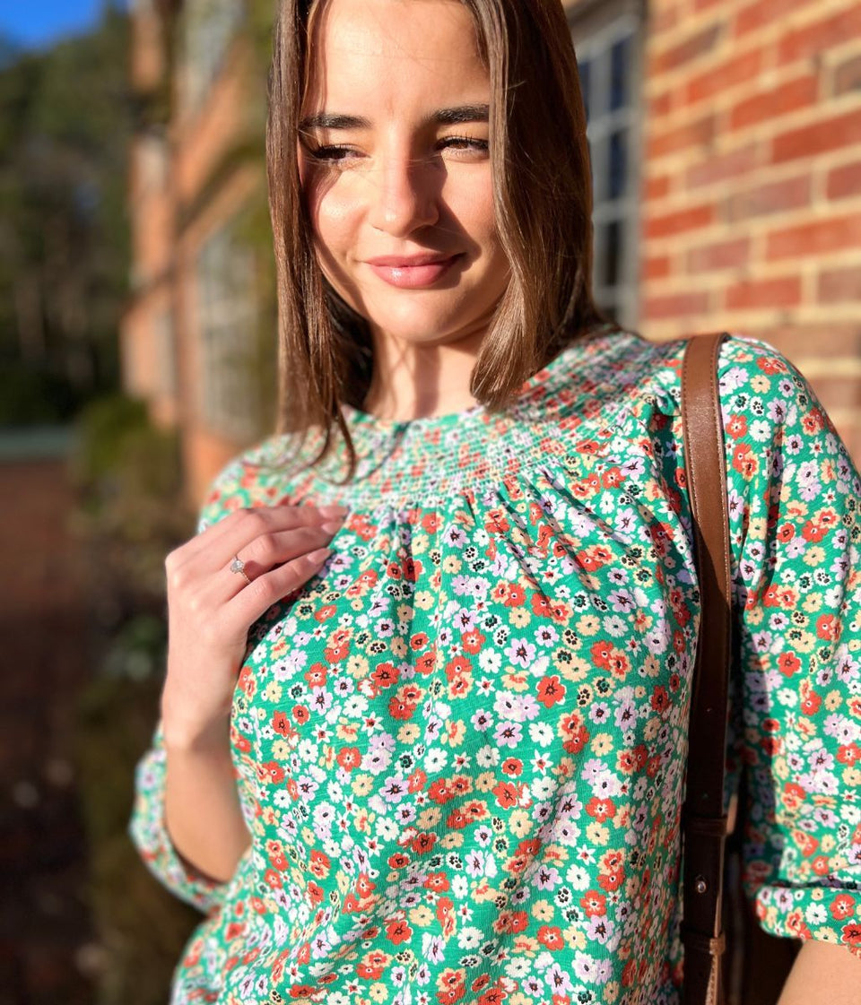 Green Ditsy Print Smocked Neck Top