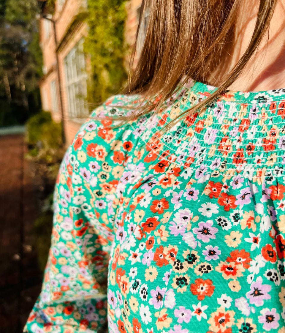 Green Ditsy Print Smocked Neck Top